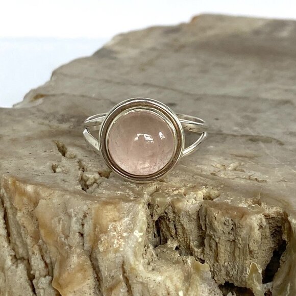 Sterling Silver 925 Round Pink Rose Quartz Cabochon Split Shank Ring Size 8.5 - Picture 12 of 16